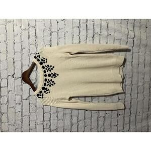 Ann Taylor Petite Cream Knit‎ Sweater with Black Beaded Neckline L